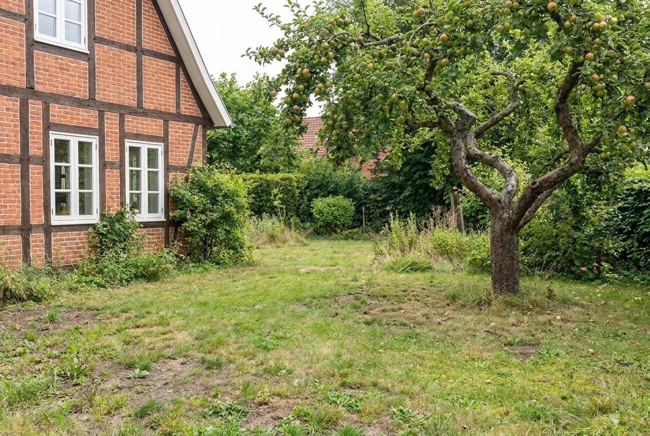 Garten vor der Gestaltung — kahle Rasenfläche am Fachwerkhaus