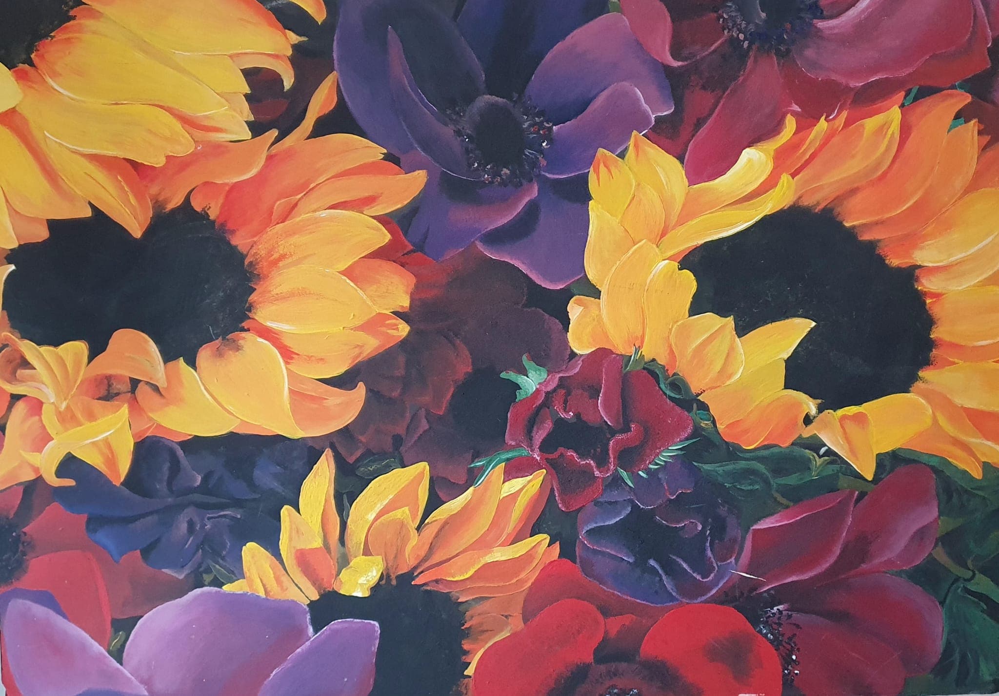 Ausdrucksstarkes Blumen-Gemälde von Katrin Lampé — Sonnenblumen und Anemonen