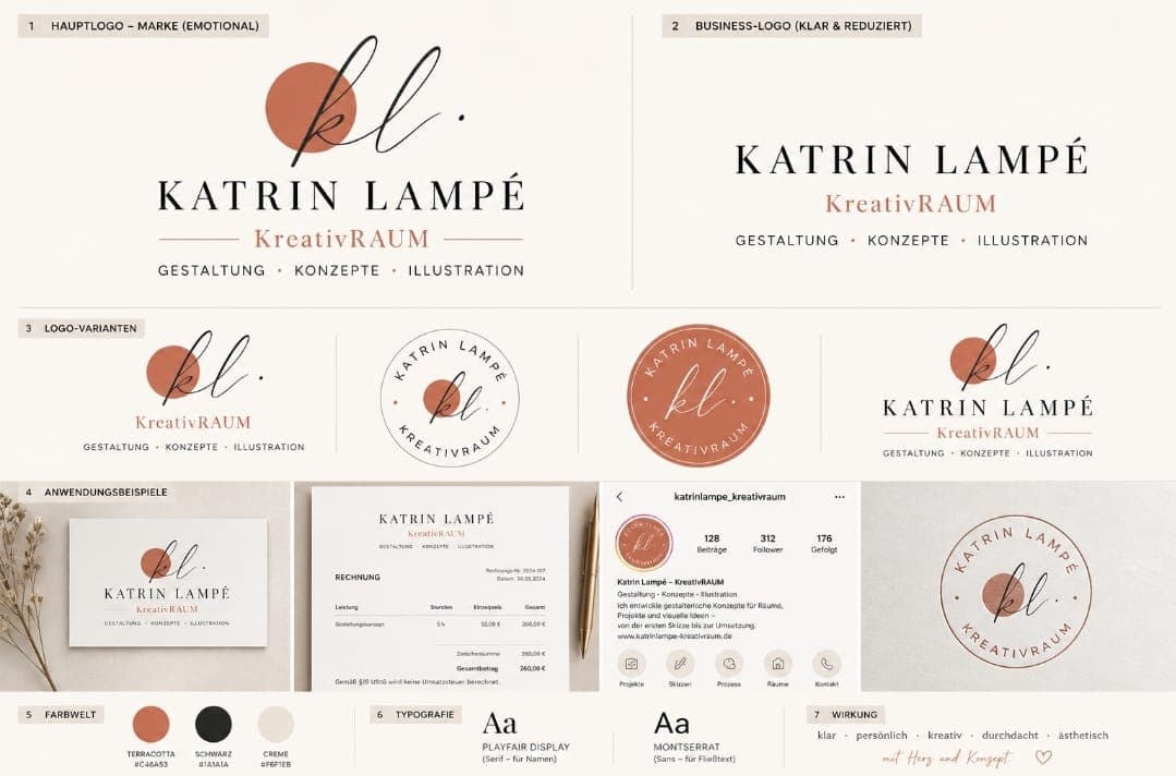 Markenwelt von KreativRAUM — Logo, Logo-Varianten, Farb- und Schriftwelt im Style-Board